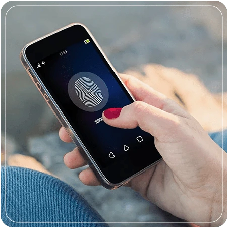 A black Iphone show a fingerprint on woman hands